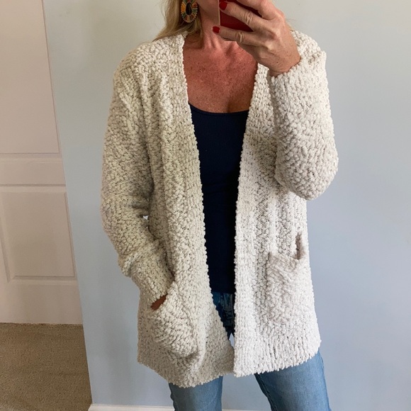 Sweaters - Off White Popcorn Texture Open Cardigan